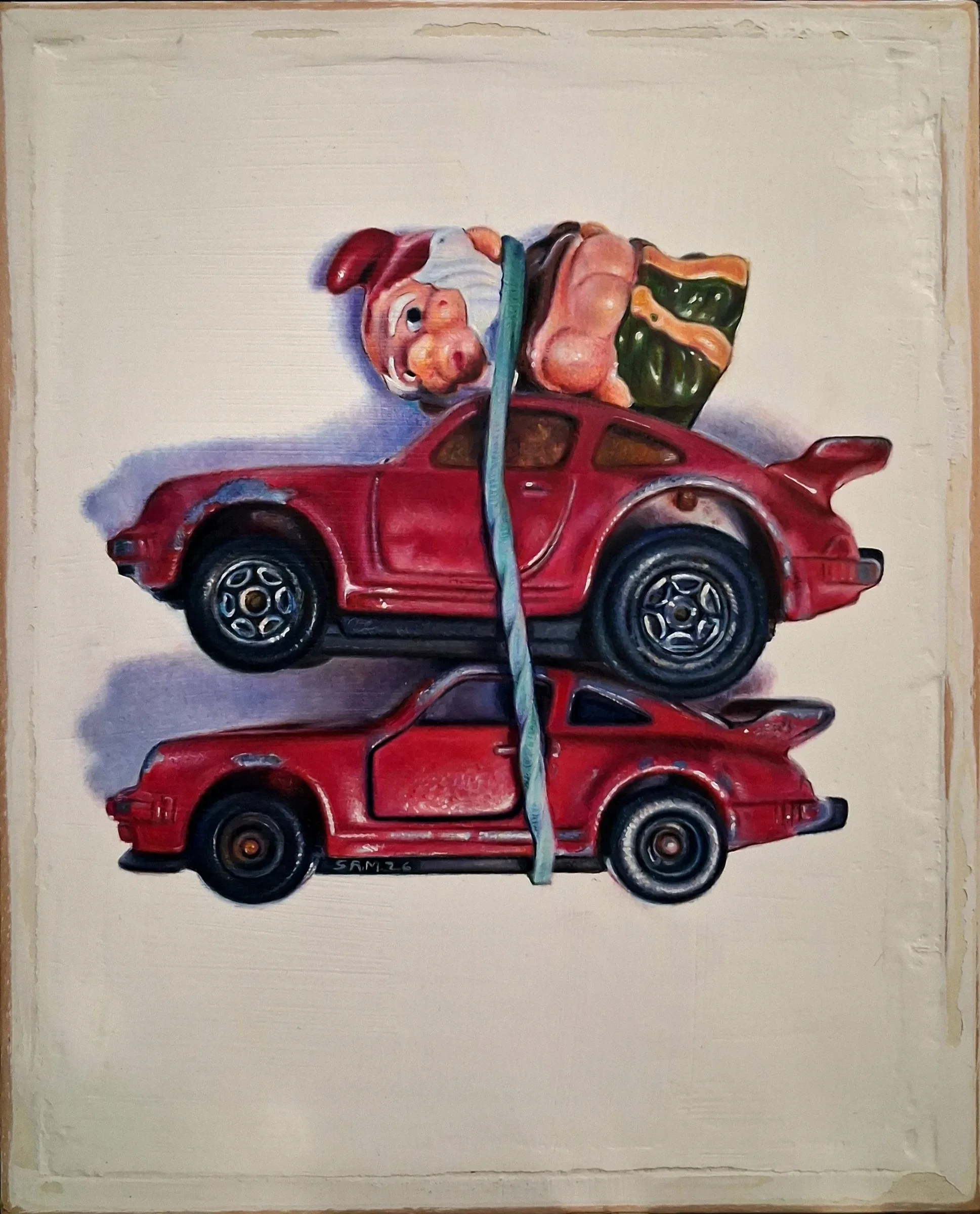 Gartenzwerg(gnomo de jardín) — Óleo sobre lienzo, 26,5 × 21,5 × 1 cm