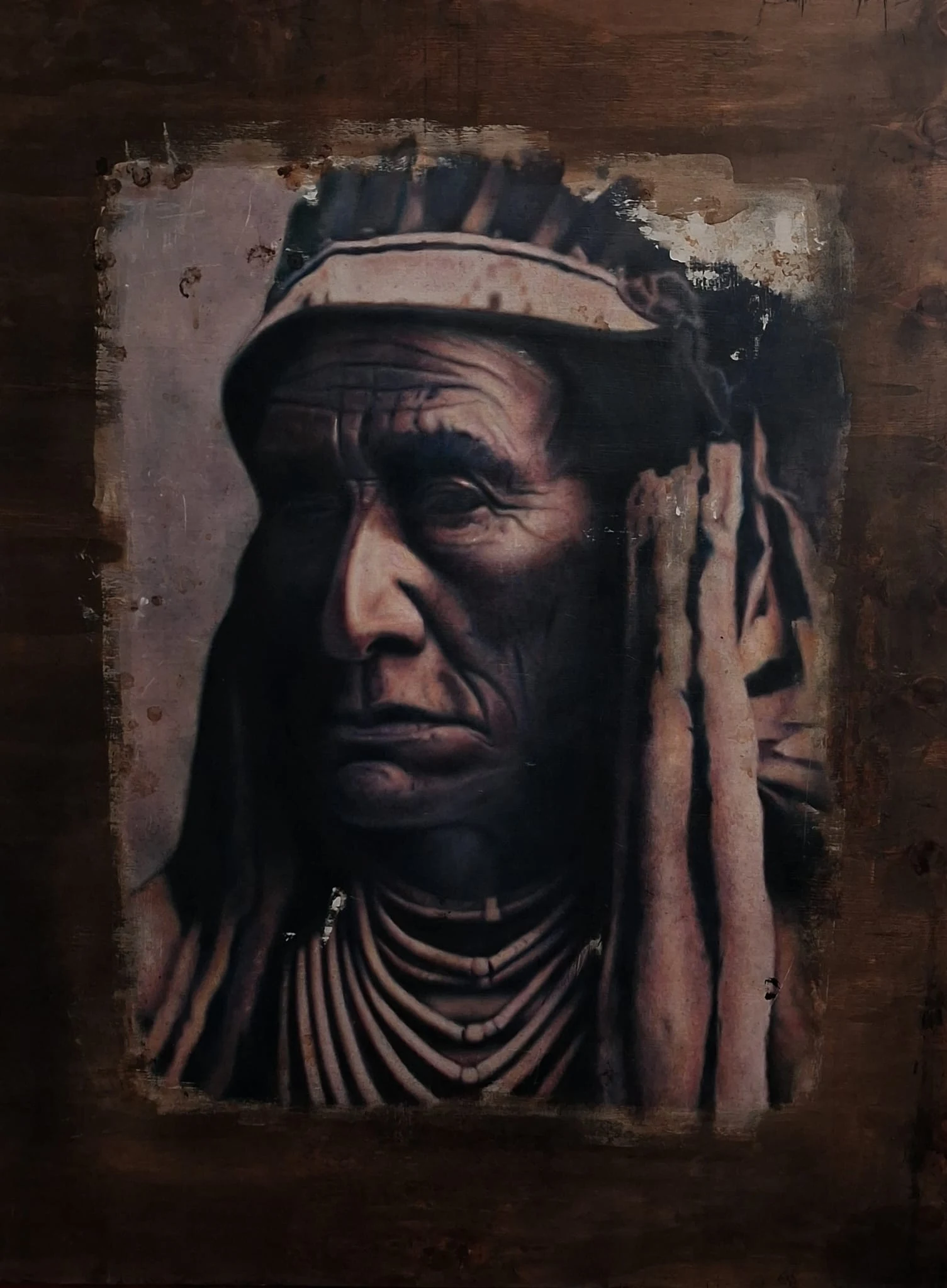 Chief Skins Wolf — Técnica mixta sobre madera (óleo y acrílicos), 71 × 95 cm
