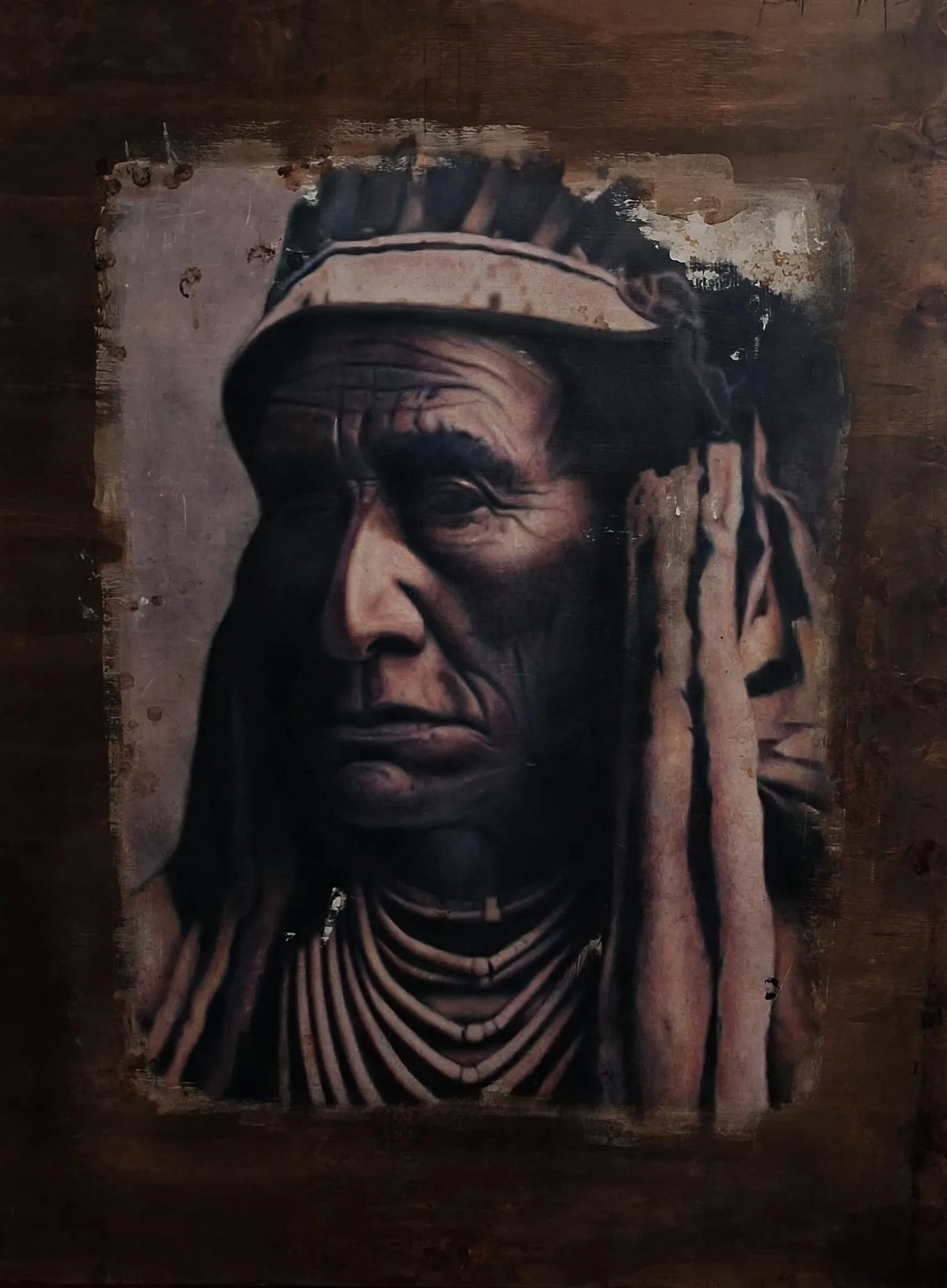 Chief Skins Wolf — Técnica mixta sobre madera (óleo y acrílicos), 71 × 95 cm