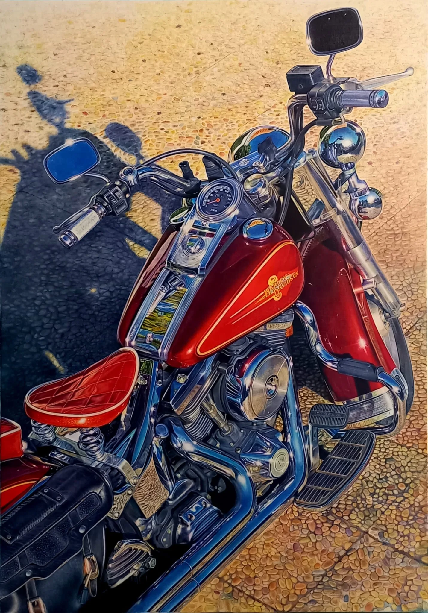 Harley-Davidson heritage softail 90s — Óleo sobre lienzo, 92 × 65 cm
