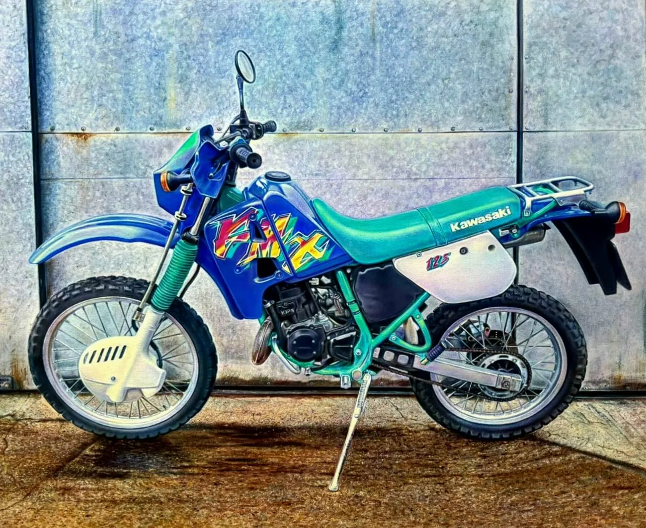 Kawasaki kmx 90s — Óleo sobre lienzo, 55 × 46 cm