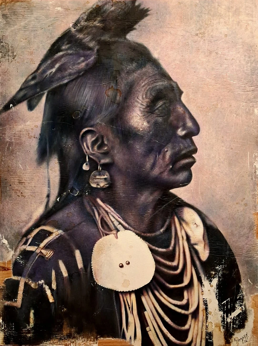 Medicine Crow — Técnica mixta sobre madera (óleo y acrílicos), 71 × 95 cm