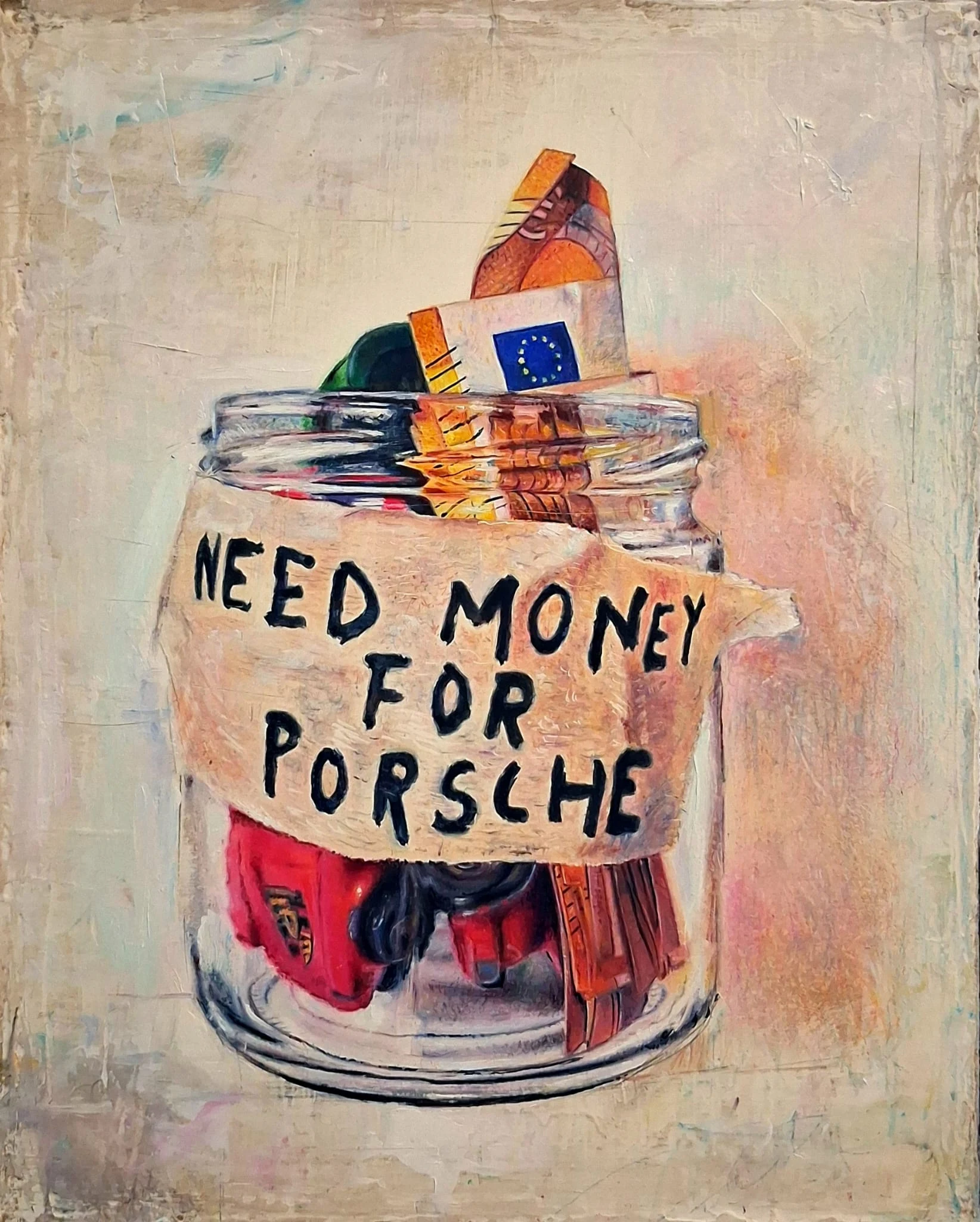 Need money for Porsche — Técnica mixta sobre madera, 21,5 × 26,5 cm