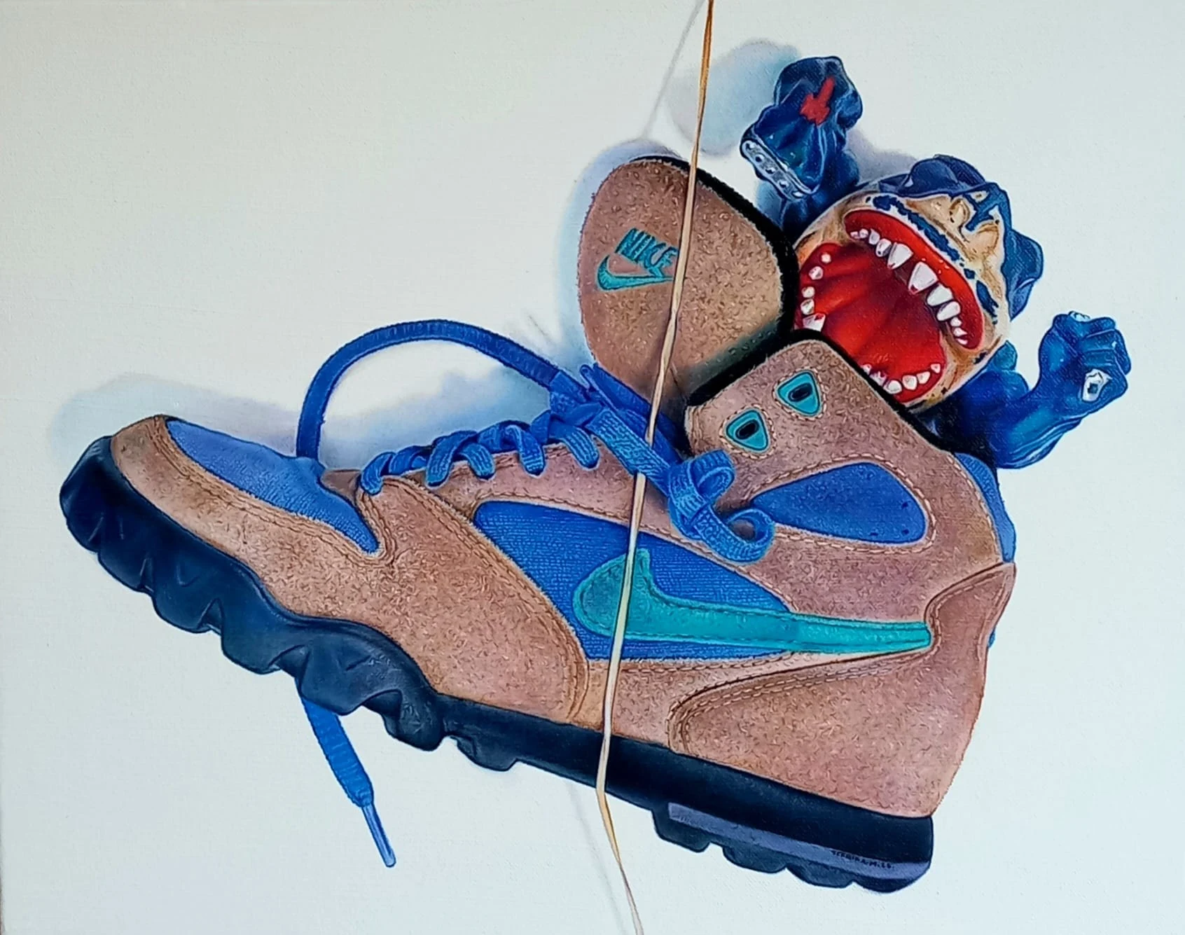 Nike caldera y Ripster de Street Sharks — Óleo sobre lienzo, 33 × 41 cm