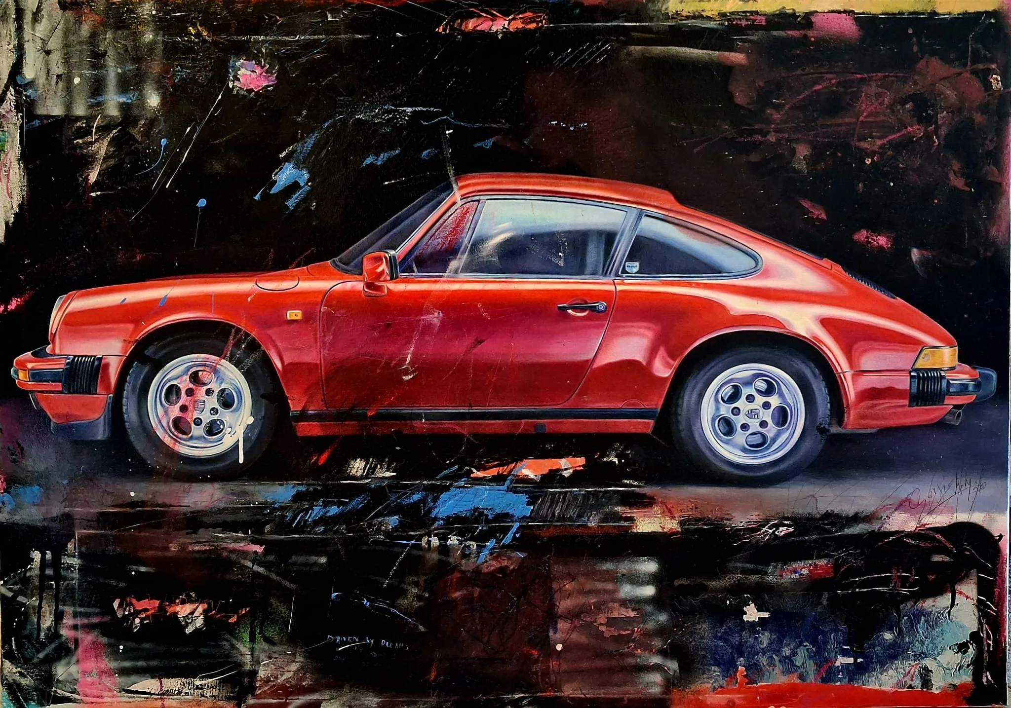 Porsche 1986 911 carrera — Óleo sobre lienzo. Técnica mixta, 92 × 65 cm