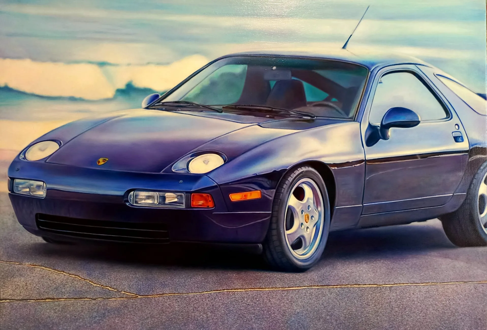 Porsche 928 90s — Óleo sobre lienzo, 92 × 65 cm