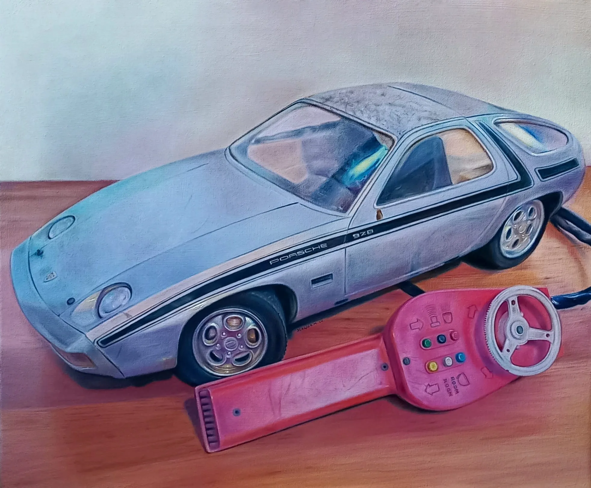Porsche 928 juguetes Rico vintage — Óleo sobre lienzo, 55 × 45 cm