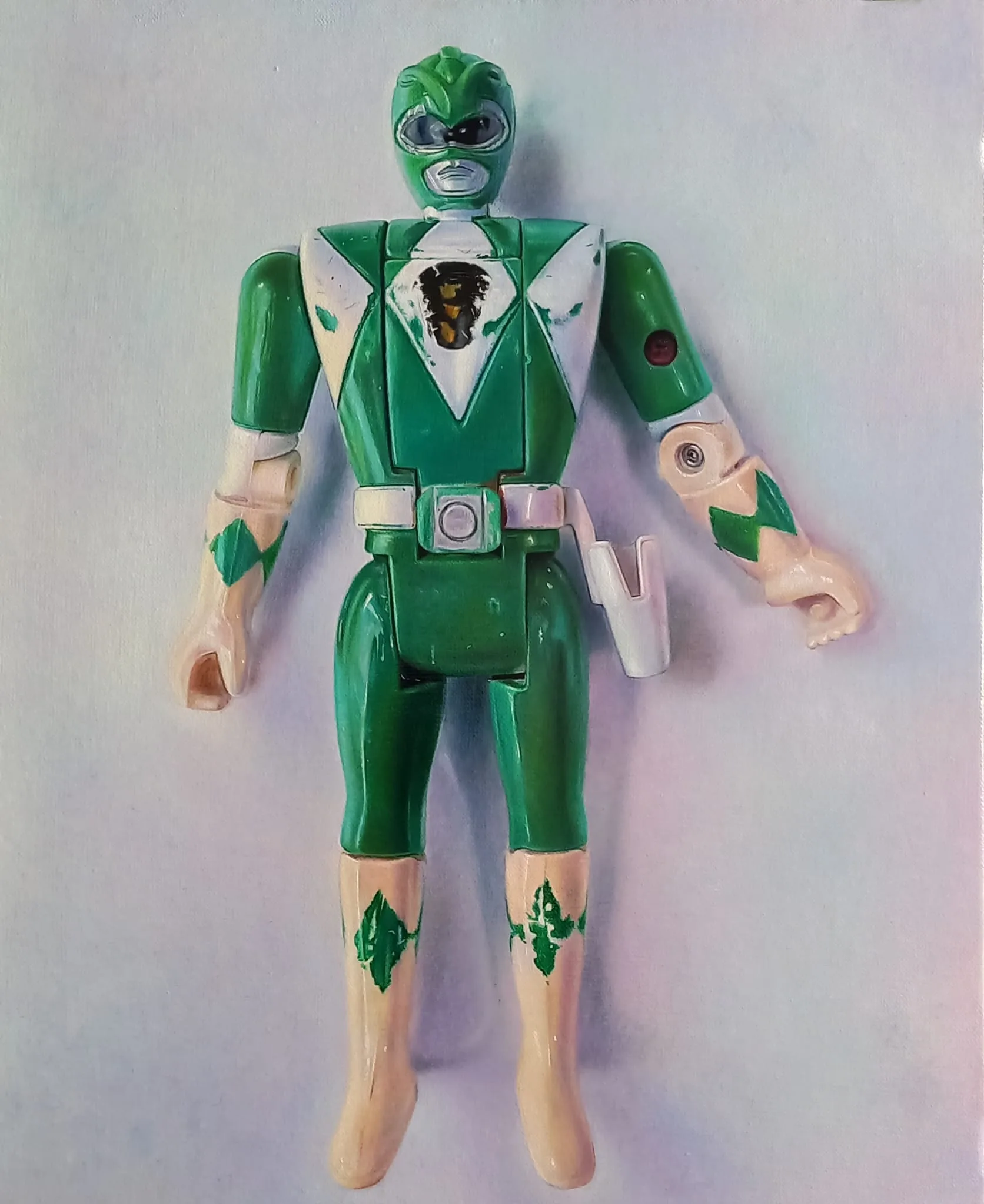Power ranger verde — Óleo sobre lienzo, 41 × 33 cm